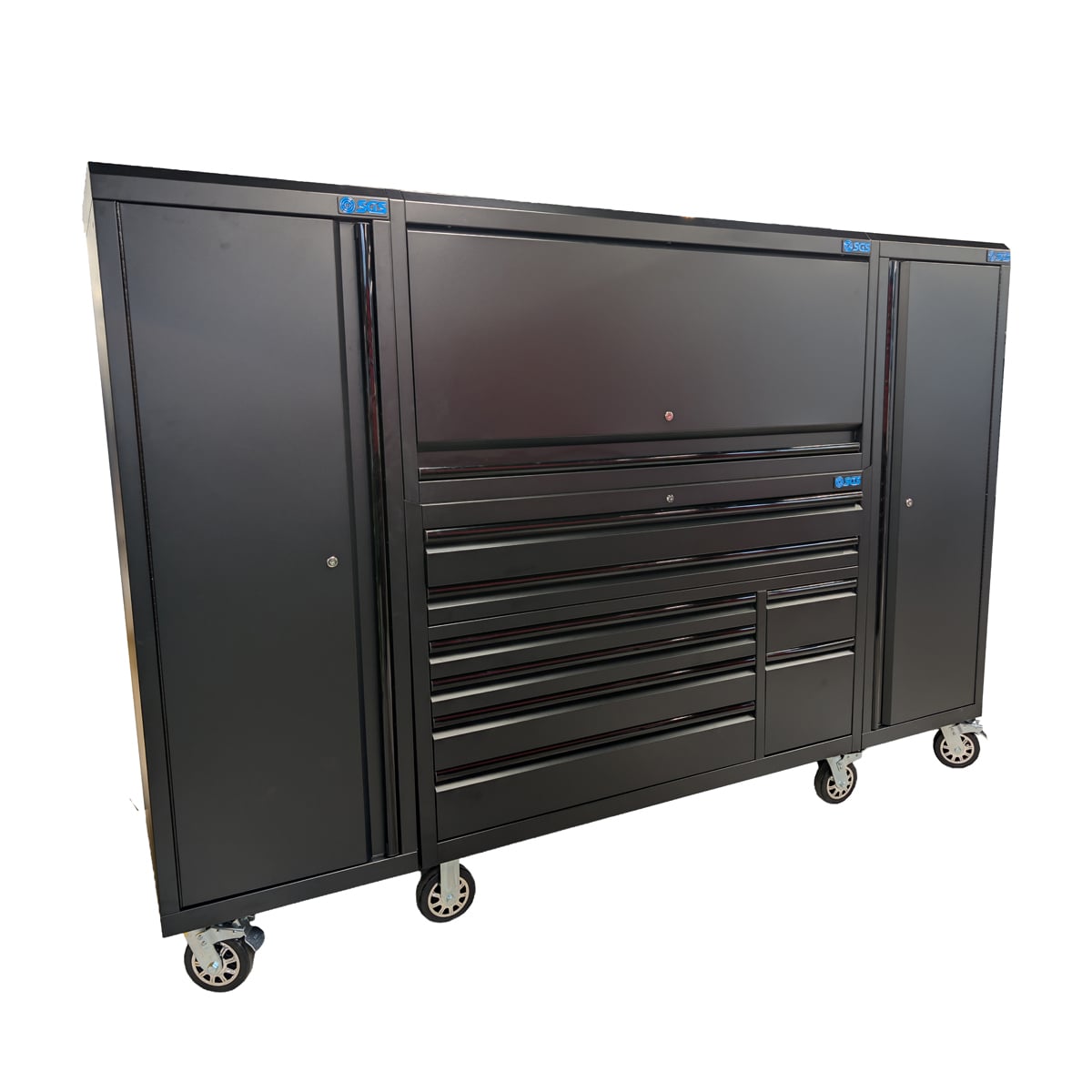 SGS 56in 7 Drawer Roller Cabinet with Top Hutch and 2x Side Lockers | Black